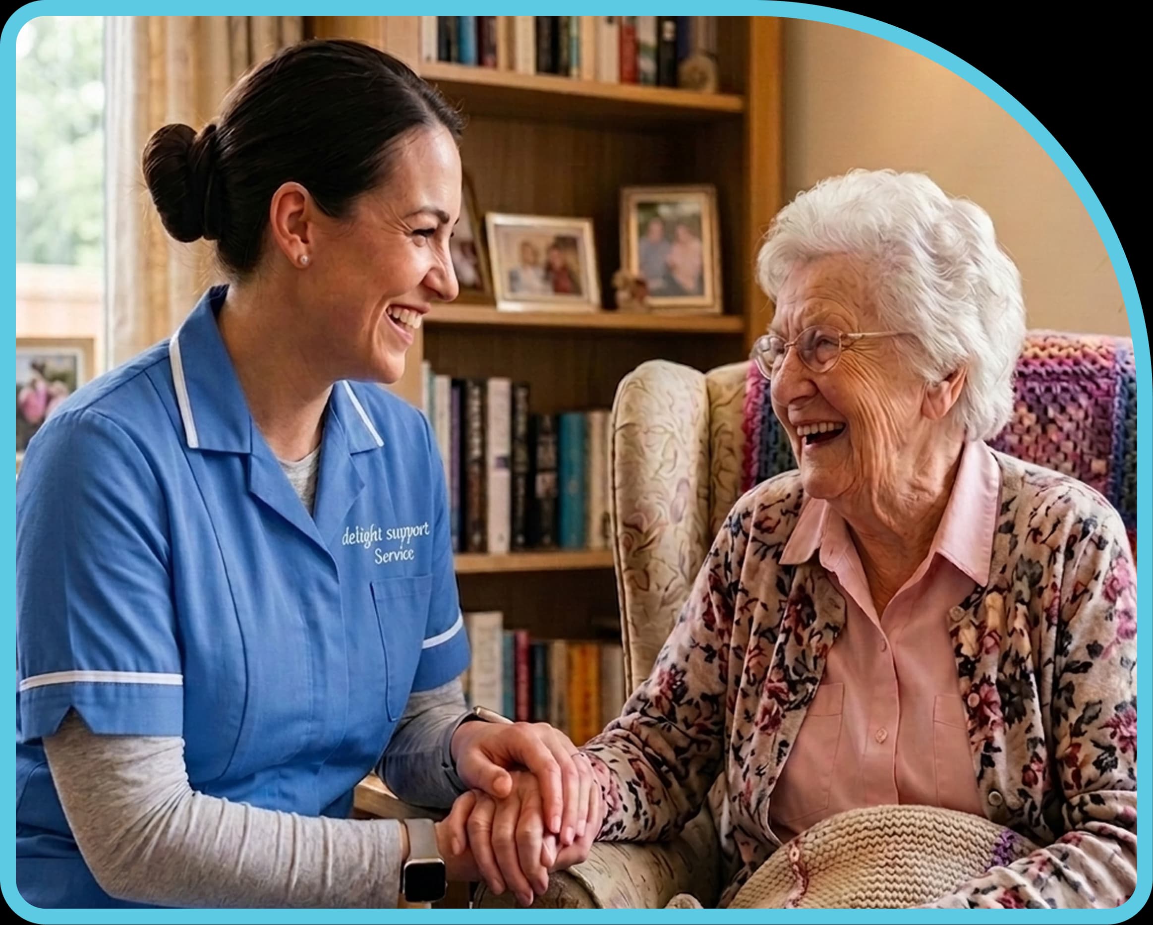 A Delight Support carer sitting with an elderly person at home, listening attentively
