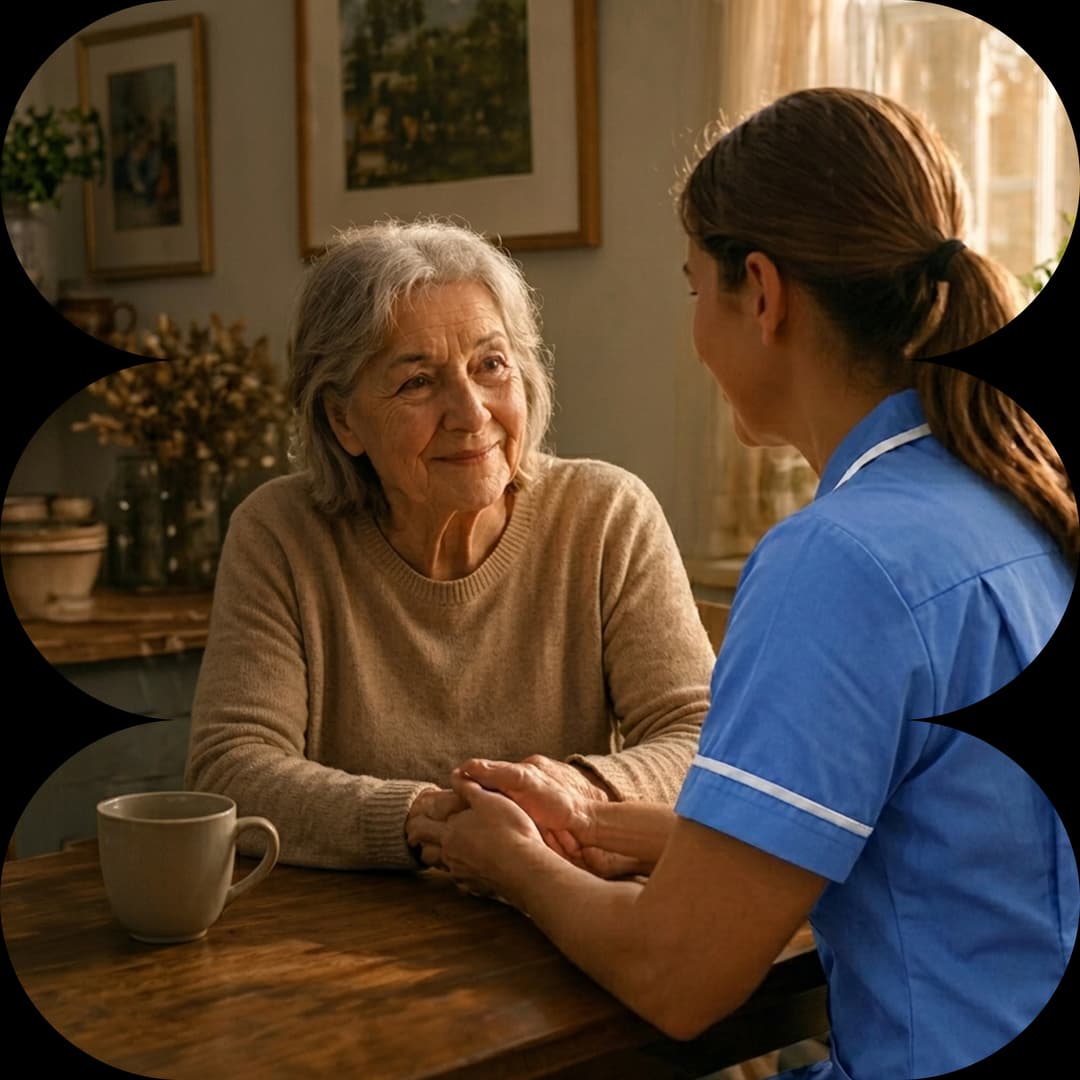 A Delight Support carer sitting with an elderly woman at a kitchen table, holding hands warmly